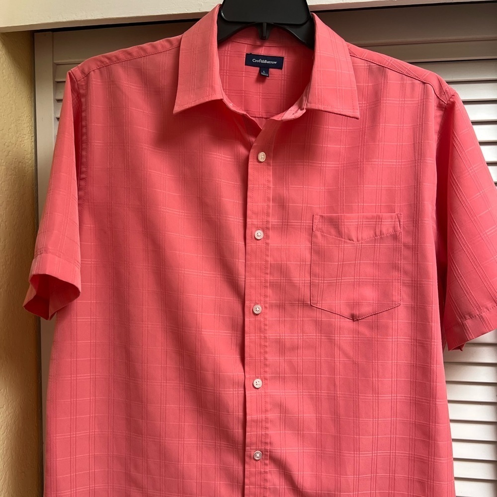 Croft and Barrow Mens Sz L Pink Coral Short Sleeved Button Up Dress Shirt